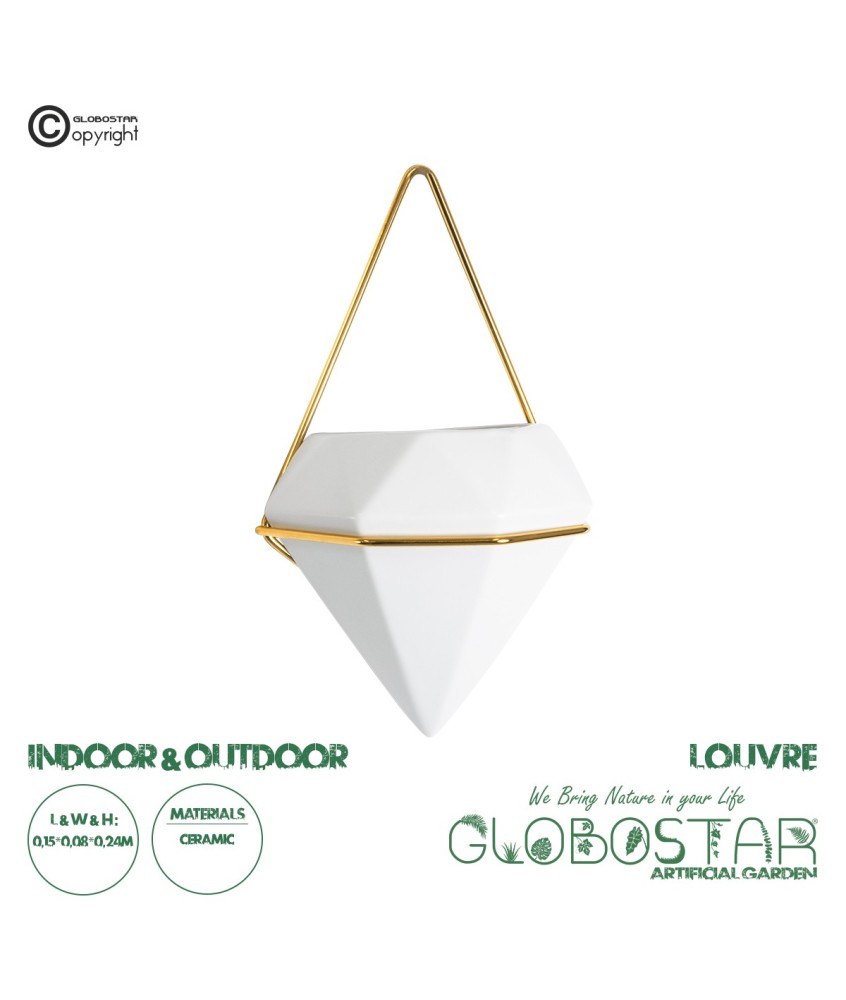 GloboStar® Artificial Garden LOUVRE 20533 Διακοσμητικό Κεραμικό Κασπώ Γλάστρα - Flower Pot Λευκό με Χρυσό Μ15 x Π8 x Υ24cm